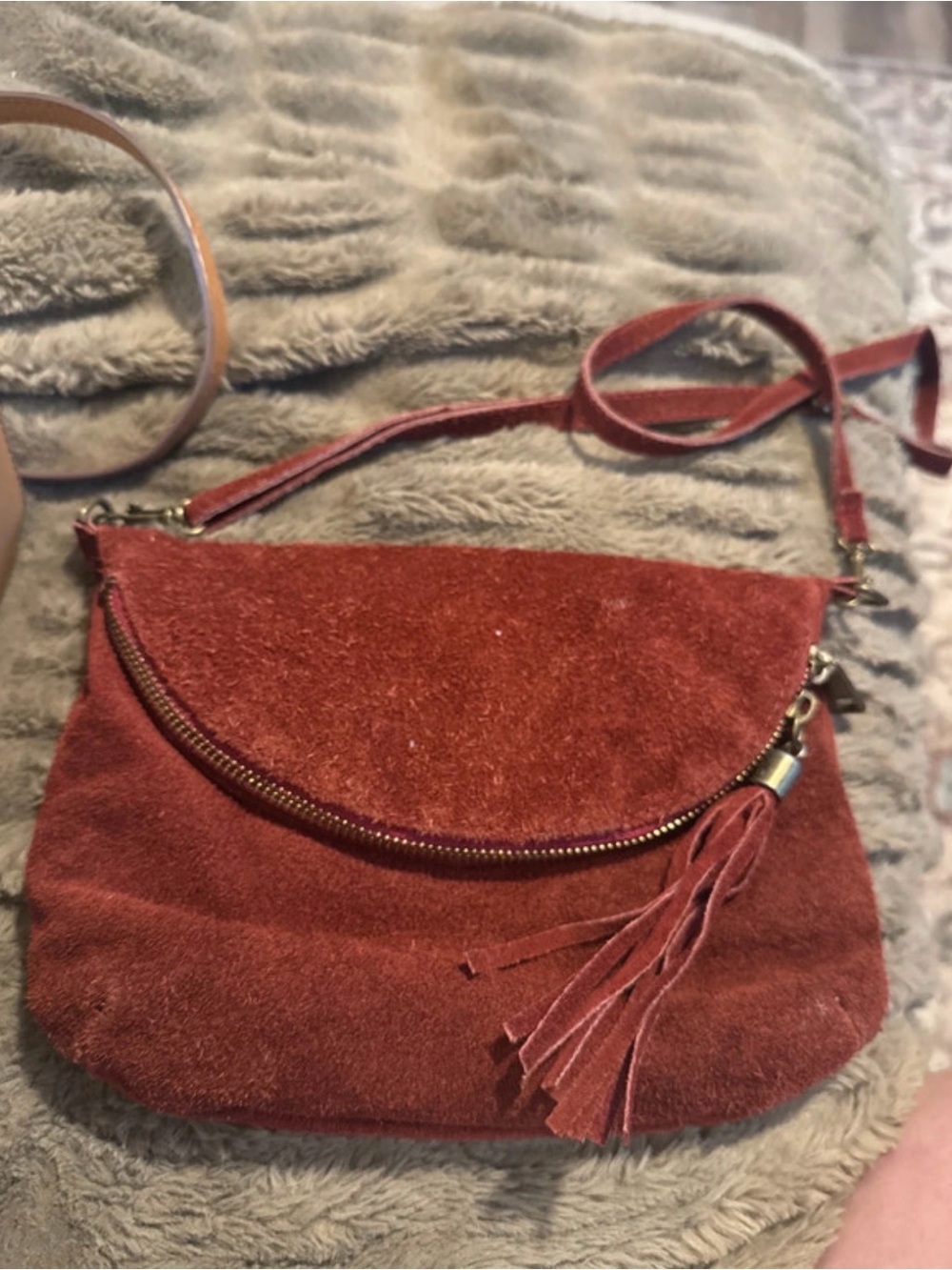 Rust Red Genuine Italian Suede Crossbody Bag with Tassel Detail